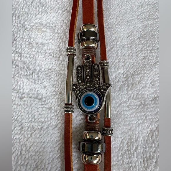 Hamsa Unisex Evil Eye Leather Wrap Bracelet - Stainless Steel Clasp - Picture 5 of 9